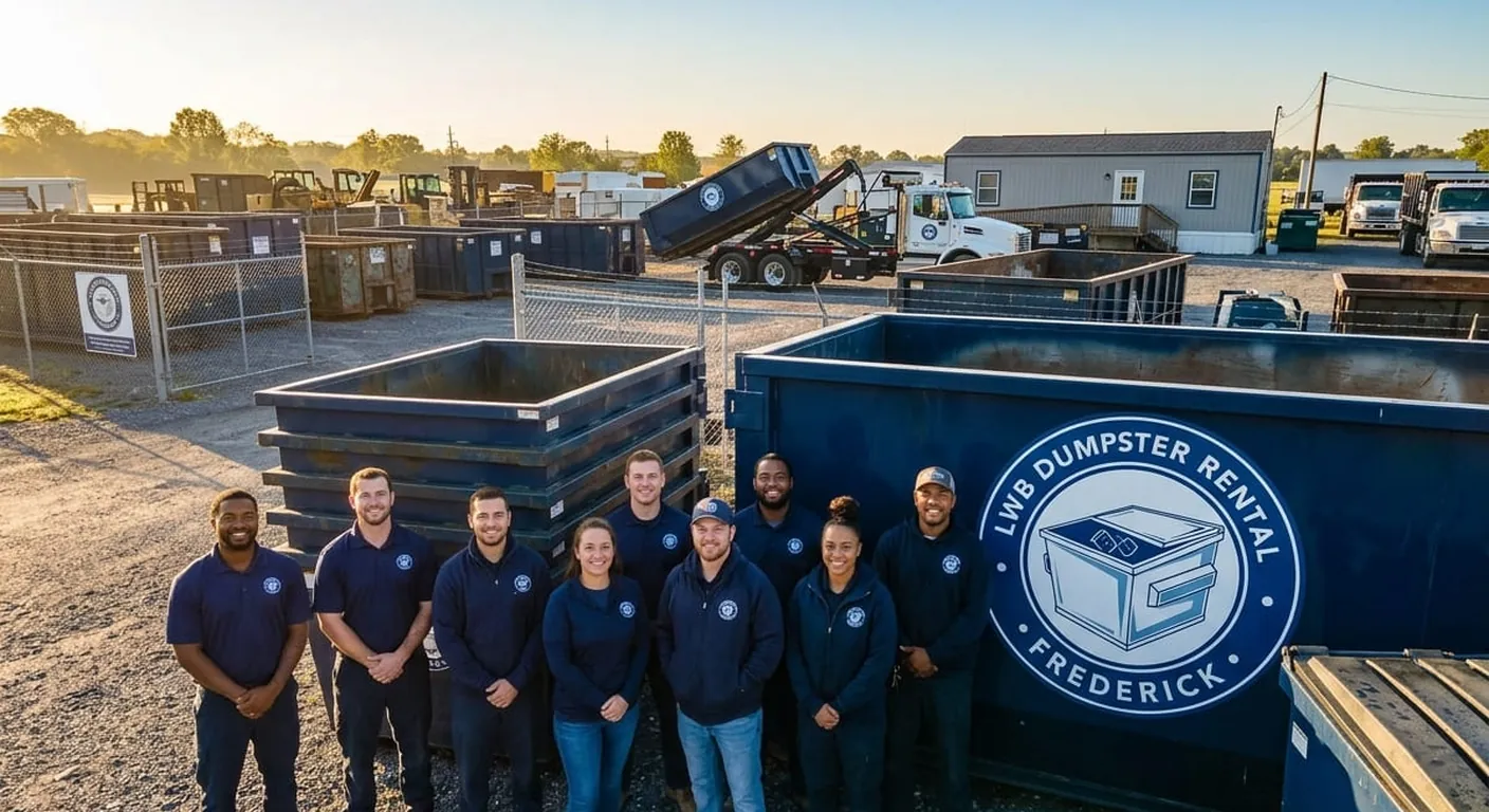 LWB Dumpster Rental Frederick team The LWB Dumpster Rental Frederick crew standing together at the yard beside a branded navy roll-off container